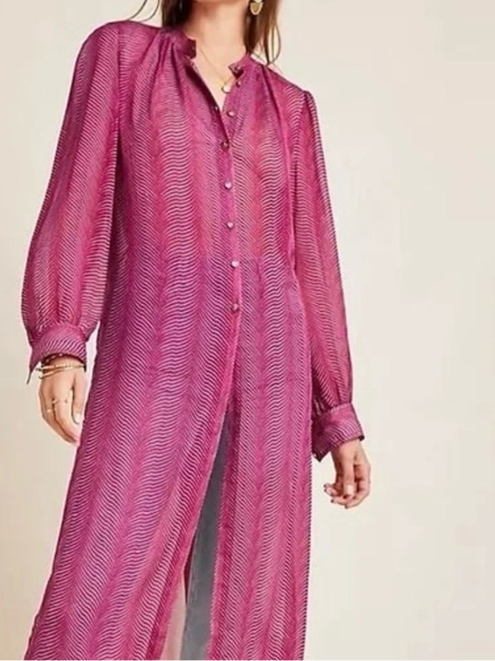Anthropologie Sheer Magenta Pink Long Button-Front Camisole Duster